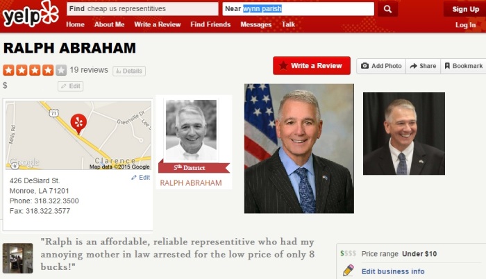 Representative Ralph Abraham is currently the cheapest politician rated on Yelp